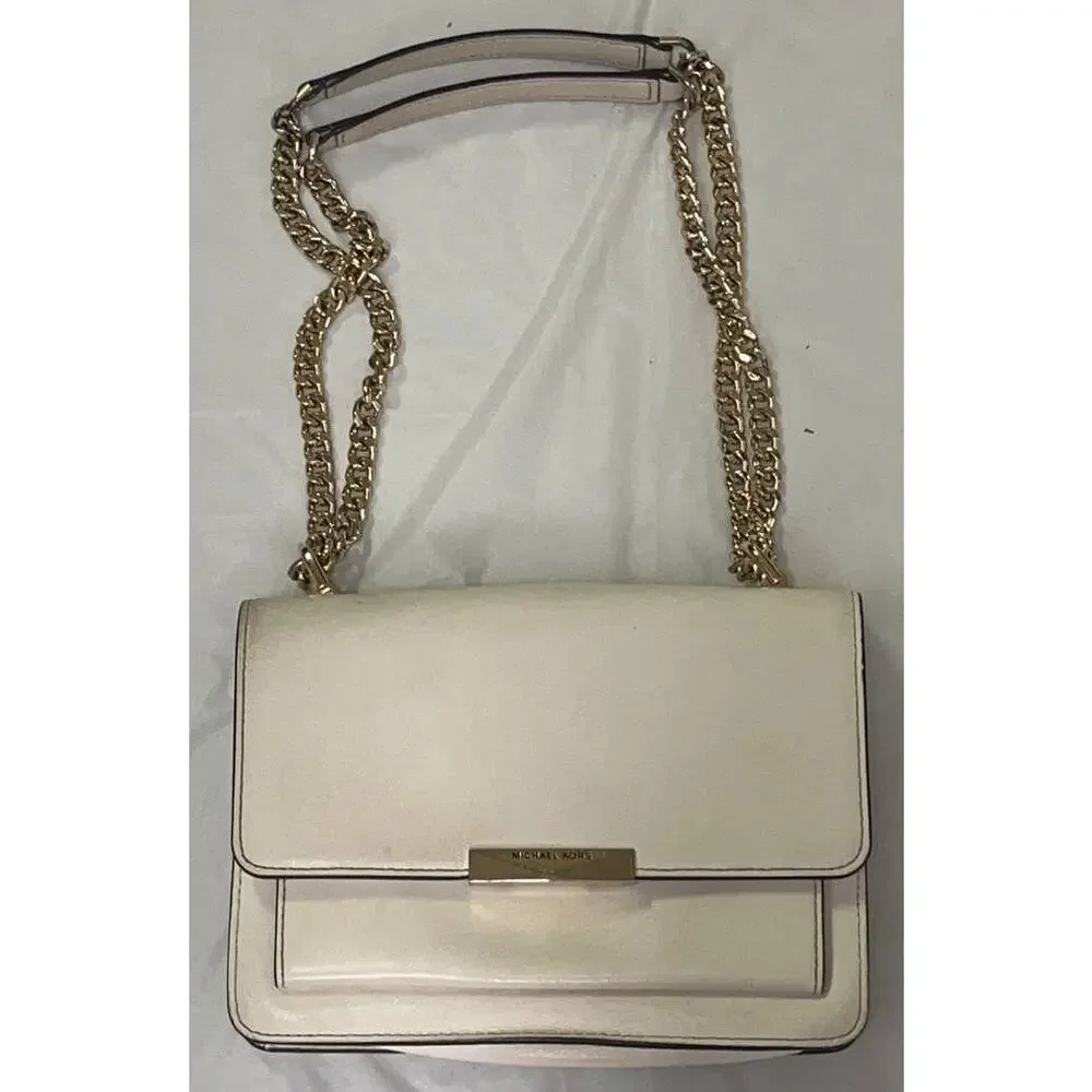 Michael Kors Cream Jade Leather Shoulder Bag Purse, Gold Hardware